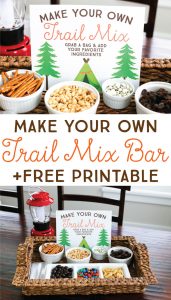 Your kiddos will love this easy DIY Trail Mix Bar. It's perfect for snacktime, a playdate, or even for a camping birthday party. Download the FREE Printable Sign to easily set up your own!