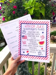 4th of July Printable Scavenger Hunt. Perfect activity to do with your family! Plus several other festive red, white, and blue activity ideas!