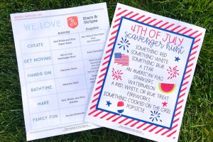 4th of July Printable Scavenger Hunt. Perfect activity to do with your family! Plus several other festive red, white, and blue activity ideas!