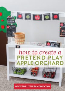 Create a Pretend Play Apple Orchard right in your living room for lots of Fall themed imagination and play. It’s such a fun seasonal activity for kids of all ages!