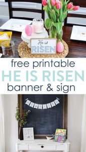 He is Risen Easter Printable Banner and Sign. Be reminded of the true hope of Easter as you celebrate with this simple FREE Printable Banner and sign. It's really easy to put together—simply print, cut, and hang. The banner and sign would make the perfect decoration for your Easter lunch or as a reminder throughout the Easter season of the incredible JOY that He is Risen!