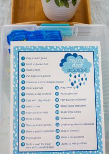 Add a little bit of sunshine to a rainy day by creating a Rainy Day Box ahead of time. It’s full of simple and creative ideas for a fun filled day at home. Includes FREE printables so you can make your own Rainy Day Box + a list of 25 Rainy Day Activities for Kids.