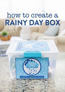 Add a little bit of sunshine to a rainy day by creating a Rainy Day Box ahead of time. It’s full of simple and creative ideas for a fun filled day at home. Includes FREE printables so you can make your own Rainy Day Box + a list of 25 Rainy Day Activities for Kids.