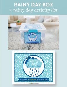 Add a little bit of sunshine to a rainy day by creating a Rainy Day Box ahead of time. It’s full of simple and creative ideas for a fun filled day at home. Includes FREE printables so you can make your own Rainy Day Box + a list of 25 Rainy Day Activities for Kids.