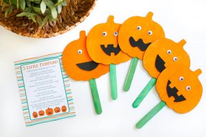Get ready to turn wooden pumpkins into one-of-a-kind puppets with this kid-approved Halloween craft. These Pumpkin Puppets are simple to make by adding a pop of color with orange paint, a popsicle stick handle, adorable googly eyes and a personalized adhesive foam mouth. Be sure to download the Free 5 Little Pumpkins Fingerplay here for the perfect Halloween activity and craft wrapped into one!